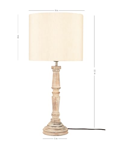Image of Green Girgit Empire Wooden Lamp in Distress White Color with Jute White Lamp Shade, Reading & Bedside Table Lamp, Home & Living Room Decor Item