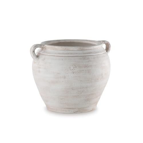 Signature Design by Ashley Meadie Casual Indoor Distressed Terra Cotta Vase with Wide Mouth and Handle, White