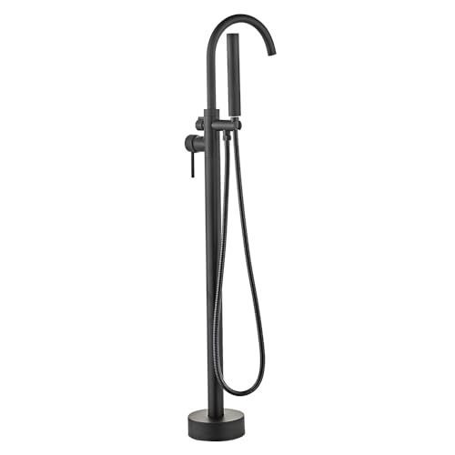 Robinet de Baignoire Ilot Autoportante, Avec Douchette Cascade Baignoire Robinet Mitigeur,Au Sol Autoportant Melangeur Baignoire Îlot Sur Pied,Avec Poignée...