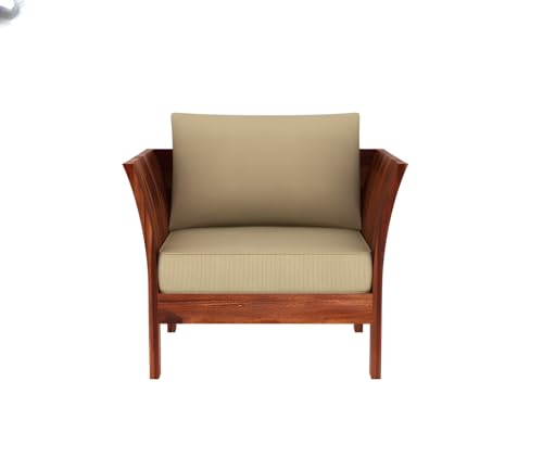Image of Solid Sheesham Wood Single Seater Sofa with Cream Cushion | Wooden 1 Seater Sofa for Home Bedroom Living Room Hall and Office (Honey Finish)