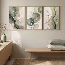 3 láminas de lienzo con estampado floral abstracto en verde salvia de Japandi, arte botánico moderno (70x100cmx3/Sin marco)