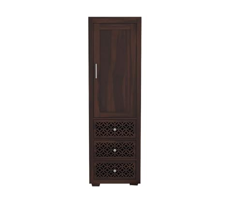 Image of Sheesham Wood Wooden Single Door Wardrobe Organizer for Clothes | - Solid Wood Almirah with 3 Drawers, 3 Shelves - Cupboard for Large Bedroom, Walnut Finish