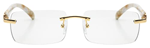 Elite Slim Rimless Rectangular Metal & Wood Art Aviator Sunglasses (Clear Marble) #TOP1