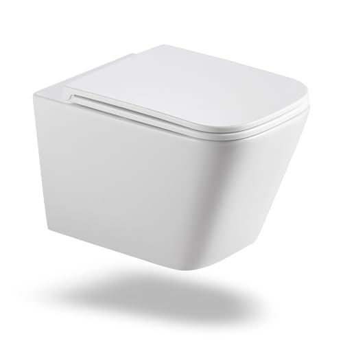 HOROW Wand Hänge WC Spülrandlos Moderne Toilette Weiß Keramik Eckige Toiletten mit WC-Sitz Enthalten, Siphon Spülung, Sanft Schließend, Leicht zu Reinigen, für Gästezimmer, Bad
