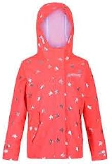 جاكيت مقاوم للماء للبنات من ريجاتا، لون مرجاني مع طباعة، معطف مطر بغطاء راس