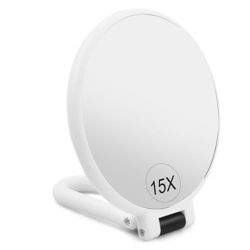 Wisebom Espejo de Maquillaje Doble Cara Espejo de Aumento 15x/1x, Espejo de Mano con Soporte Ajustable 360°, Espejo Pequeño Plegable para Maquillarse Afeitarse Viaje (Blanco)