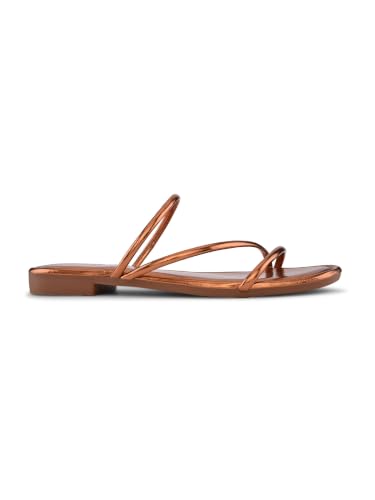 Image of XE Looks Women's Metallic Strappy Flat Sandals with Square Toe | Cushioned Footbed | Comfortable Lightweight Stylish Slip-On Open Toe Flats for Girls & Women