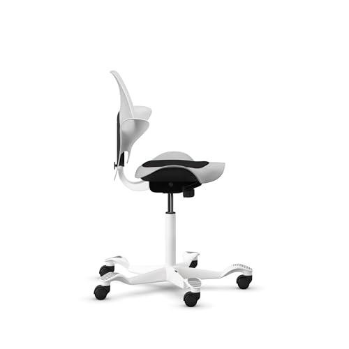 Image of HAG Capisco Puls Sit-Stand-White Base-Gray Frame-Black Vinyl Pad