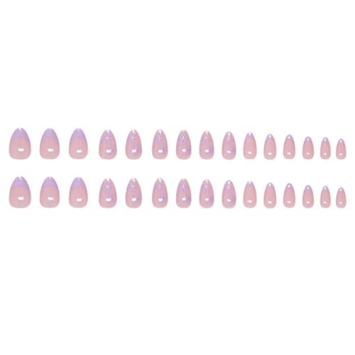 Image of Purple French Tip Press on Nails Flower Fake Nails Short Almond False Nails with Design Nude Glue on Nails Glossy Artificial Acrylic Full Cover Lilac Floral Stick on Nails for Women Manicure 24Pcs