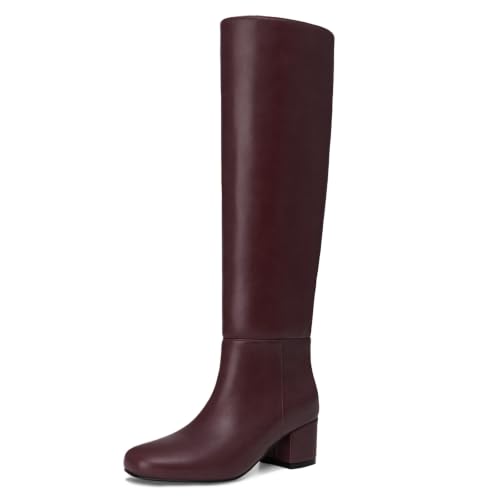 Athlefit Knee High Boots Women Chunky Block Heel Tall Boots Burgundy 7