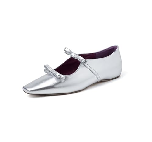 Las Mujeres cerraron los Zapatos Planos del Dedo del pie Puntiagudo Arco francés Elegante Corte Mary Jane Zapatos de tacón bajo Cómodo Ballet Dulce Primavera Otoño Bombas Plata 35