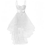 Lace Applique Homecoming Dresses for Teens High Low Spaghetti Straps Tulle Short Prom Dress Glitter DAMA Dress White