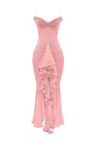 Image of meilun Elegant Mesh Wedding Guest Dress Flowy Ruffle Bodycon Maxi Dress Fishtail Long Formal Dress