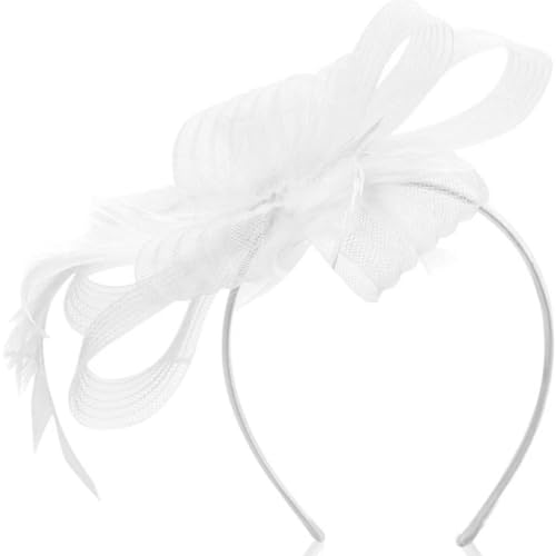 ISLHJDD Womens Fashion Headbands Ladies Fascinator Aliceband Weddings Hairband for Weddings Tea Party Church Elegant Mesh Feather Bridal Headpiece (White)