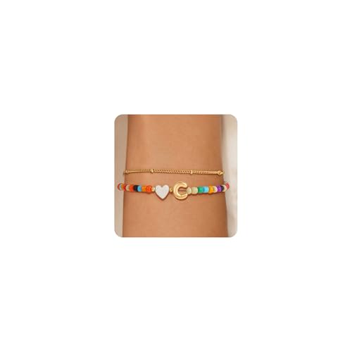 Image of Eaciy Colorful Initial Bracelets for Women Girls - 14K Gold Plated Heart Initial Letter Daint A-Z Charm Bracelet Summer Jewelry Teen Girl Gifts for Teen Kids