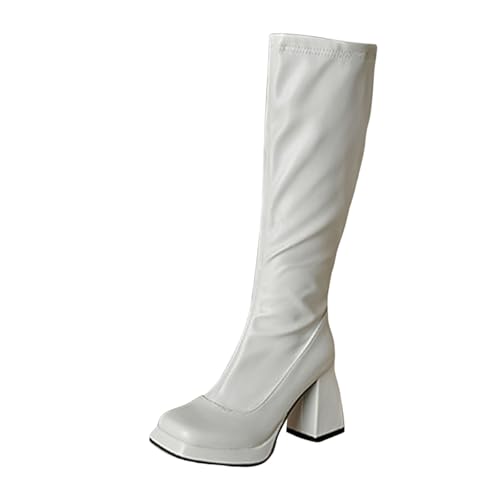 Generisch Botas Botas de piel con plataforma alta hasta la rodilla Botas gruesas de tacón alto con cremallera, Blanco, 46 EU