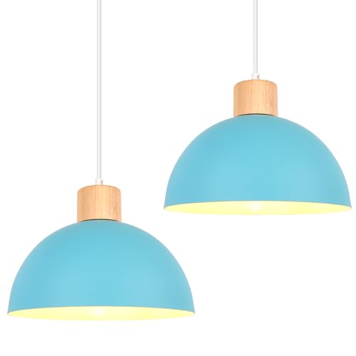 iDEGU Set of 2 Retro Pendant Light Fixtures E27 Ceiling Light Modern Scandinavian Style 25cm Hemisphere Hanging Lampshade Metal Wood Pendant Light for Bedroom Dining Room Kitchen Restaurant (Blue)
