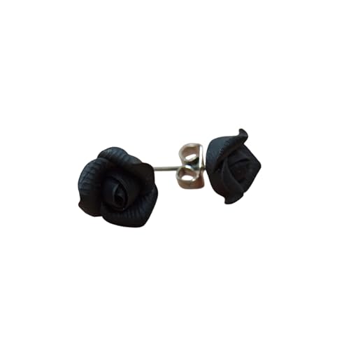 Orecchini a bottoncino con minuscole rose modellate a mano in argilla polimerica (Nero)