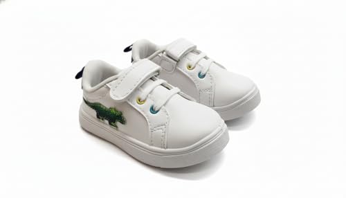 Image of Myau Kids Classic White Sneakers with Dinosaur Detail, Hook and Loop Straps, Casual Style, for 1-5 Years