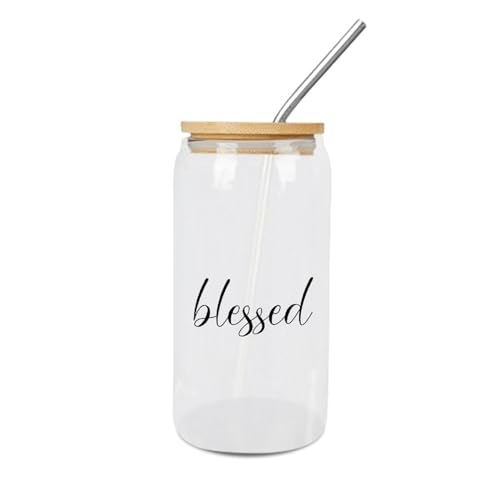 Luckluccy Blessed Glass Cup Glasses with Bamboo Lids And Straw Christian Scripture Glass Tumbler for Juice Coffee Soda Drinks 16OZ