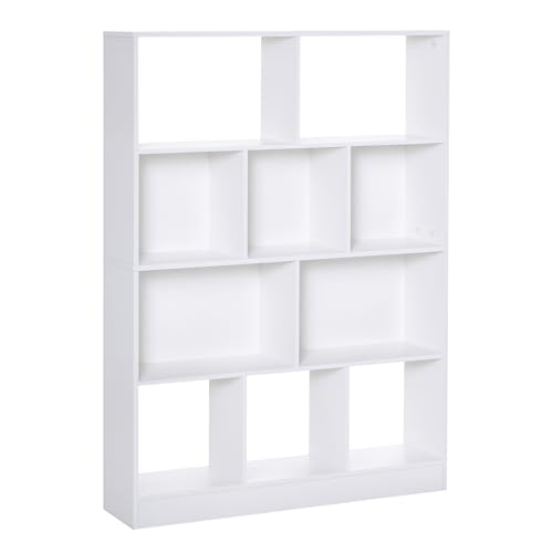 HOMCOM Estantería Librería de 4 Niveles con 10 Compartimentos Estantes de Almacenaje Multiusos para Libros Plantas 100x23,8x140 cm Blanco