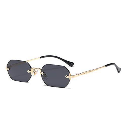 Rimless Rectangle Sunglasses Small Men Glasses Women Metal Gold Polygon Blue Shades UV400 Frameless