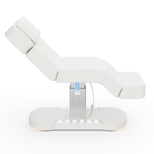 Image of Professional Electric Spa Table /Chair with LED Light, 3 Motor Height Adjustment, Backrest, Leg Support Angle Adjustable for Massage, Facial, Medical, Tattoo, Waxing, Beauty Salon and More - White