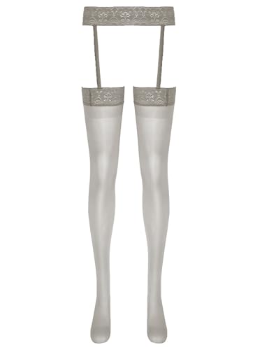 Aislor - Aislor Herrren Durchsichtigen Strumpfhosen mit Strumpfgürtel Nylon Strümpfe Spitze Leggings Schlafanzug Unterhose Männer Dessous Grau Einheitsgröße