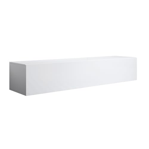 MB Muebles Bonitos, Mueble TV Colgante Luke H2 para Salón Moderno, Mueble Suspendido en Pared, Diseño Modular con Puerta Abatible, Melamina Brillo, Blanco, 160x30x40 cm