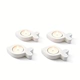 8 Stück Teelichthalter Fisch, 4 Holzfische Kommunion, 4 Teelichter, Deko Fische Kommunion, Kerzenhalter Kommunionkerze, Teelichthalter Weiß Tischdeko für Taufe, Party und Familienessen