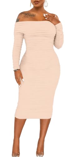 Image of Fooullaide Women's Sexy Off Shoulder Sleeveless Bodycon Ruched Midi Dress