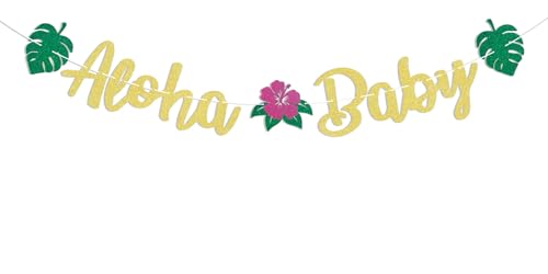 Image of Aloha Baby Banner, Hawaiian Tropic Baby Shower Decorations, Welcome BabyDecor, Summer New Baby Announcement Tropical Baby Shower Birthday Party Supplies Gold Glitter