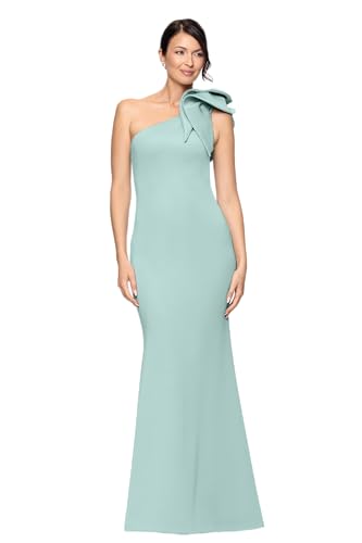 Image of Betsy & Adam Women's Long Halter Scuba Crepe Tiered Ruffle Slit Gown