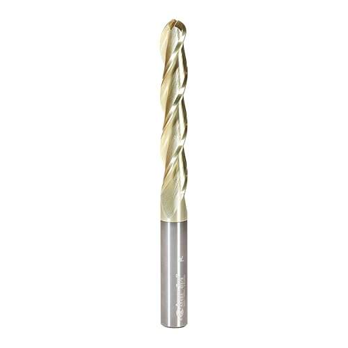Image of Amana Tool Up Cut Spiral CNC Router Bits for 2D /3D Carving, ZrN Coated, 46494, 0.10 Deg Angle Ball Tip 3 /8 D x 3 /16 R x 2-1 /4 x 3 /8 Shk x 3 Fl