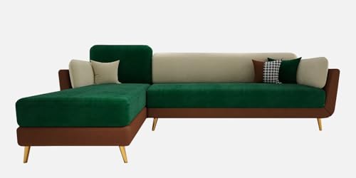 Image of Polyester Velvet Contemperory Sofa Set with Cushion Chaise Lounge, Sectional Sofa Perfect for Your Living Room,Guests Room & Office. (Green & Beige, RHS 5 Seater)