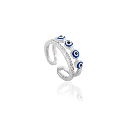 Image of American Diamond Evil Eye Open Ring for Women, Adjustable Blue Double Band Ring, Gift for Her