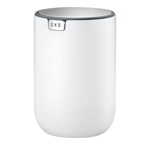 Image of EKO Mini Desk Trash Can with Swing-Top Lid 0.4 Gallon Small Table Round Wastebasket for Office, Home, Car (White)