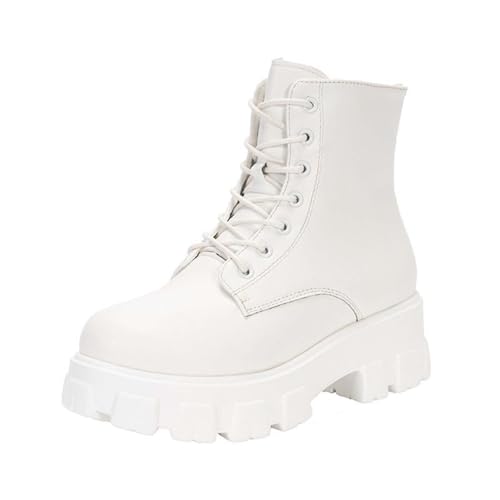 Image of Ankle Boots for Women Lace Up Combat Boot PU Biker Boots Platform Sole Walking Boot Ladies Mid Calf Booties with Side Zip Waterproof Shoes Low Heel Riding Booties Fall Winter Round Toe Shoes