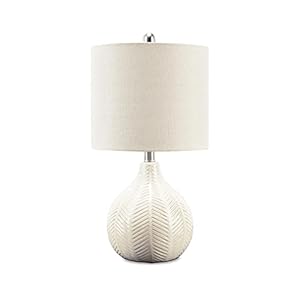 Signature Design by Ashley Rainermen Casual Ceramic Table Lamp, Transparent White Glaze Finish, Drum Hardback Fabric Shade, 11″ W x 11″ D x 21″ H, Off White
