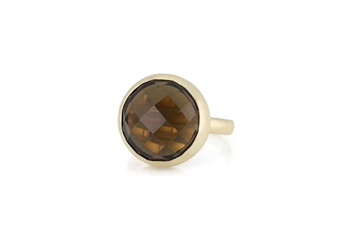 Bague en quartz fumé véritable, monture en or jaune massif et pierre marron foncé