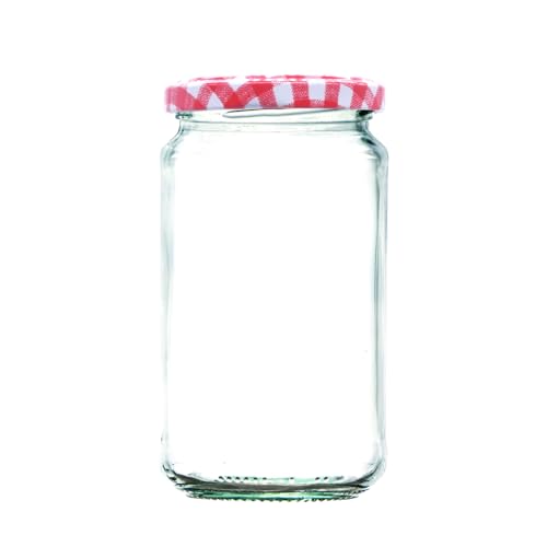 Wares of Knutsford 12 x 1lb (370ml) Glass Jam Jars with Red Gingham Twist Off Lids - Preserving Jars for Jam Honey Chutney & Marmalade