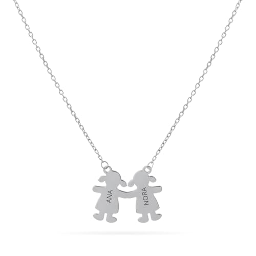 Collar con Colgante de Niños o Niñas Personalizable en Plata de Ley 925 o Bañado en Oro – Regalo Ideal para Mamás o Abuelas – 45cm + Alargador (2 Niñas Plata)