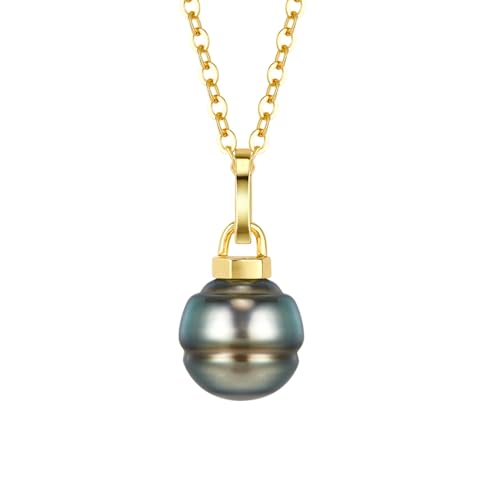 Tahitian Black Pearl Necklace 9-10mm Baroque AAAA Handpicked Natural Seawater Pearl Pendant with 18K Yellow Gold Plated Sterling Silver Chain Luxury Jewelry Gifts for Women Mother Mom Wife Girlfriend Anniversary Birthday