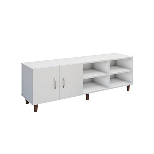 Image of VIKI Modern TV Unit for Living Room | Engineered Wood TV Cabinet with 2 Door Storage & 2 Open Shelves, Set Top Box Stand, Entertainment Unit, 140W x 48H x 40D cm | DIY | 1 Year Warranty (White)