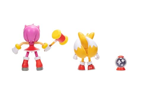 Sonic The Hedgehog 4 Inch Articulated Action Figures, Includes Modern Tails and Modern Amy and Invincible Item Box and Hammer Accessories