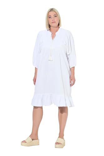 Ulla Popken Damen große Größen Übergrößen Plus Size Musselin-Kleid, Stickerei, Tunika-Ausschnitt, 3/4-Arm schneeweiß 50+ 838403200-50+