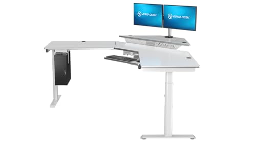 Image of VERSADESK 72 inch x 72 inch Electric L-Shaped Corner Standing Desk, Commercial Grade Height Adjustable Sit Stand Workstation, Ergonomic Computer Desk for Home Office, White Frame, White Surface