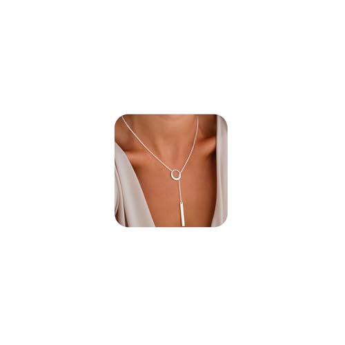 Lariat Gold Necklaces for Women Trendy Dainty Long Necklace 14k Gold Plated/Silver Layered Drop Beaded Chain Necklaces Y-shaped Pendant Necklace Simple Gold Jewelry Gifts