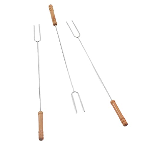 Stainless Steel Barbecue Forks, 47.2cm BBQ Roasting Stick with Beech Wood Handle for Outdoor Camping, Lightweight & Portable