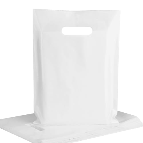 Image of POPGIFTU White Plastic Carrier Bags 100 Pack - 23x30cm Small Retail Shopping Bags with Handles - Perfect for Boutique, Clothing Stores, Gifts, Market Stall, Small Business, Trade Shows, Wholesale
